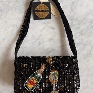 NWT! Sequin Embellished Black Shoulder Bag with Champagne Beaded Embellishments.